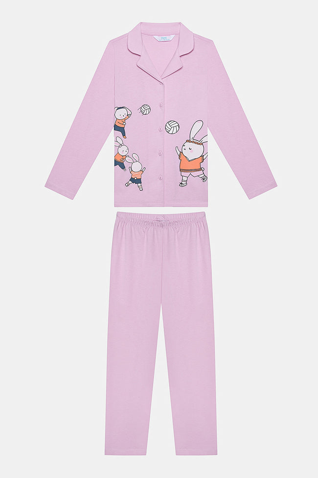 Cotton Girl Volleybunny Off White Buttoned Shirt Pajama Set Hover Image