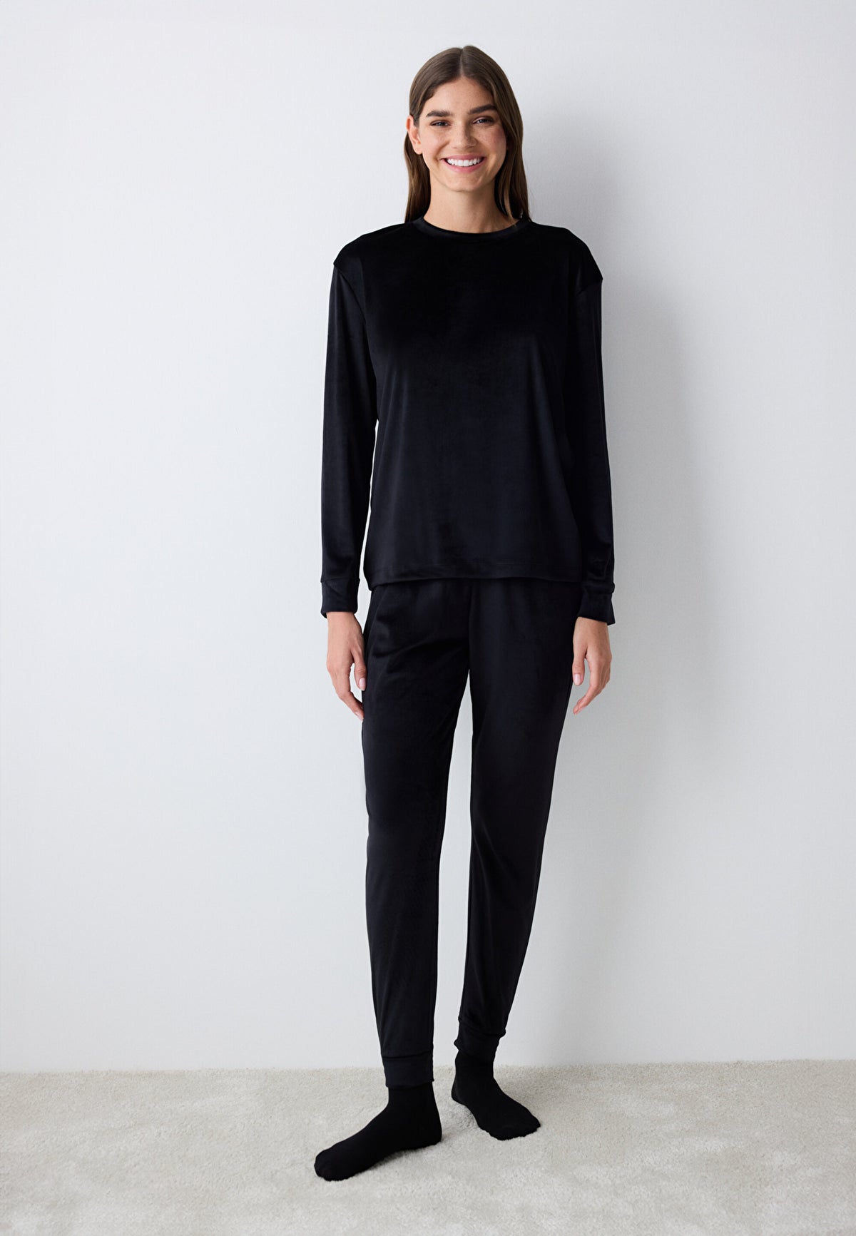 Black Fuzzy Solid Black Pants Pajama Bottoms