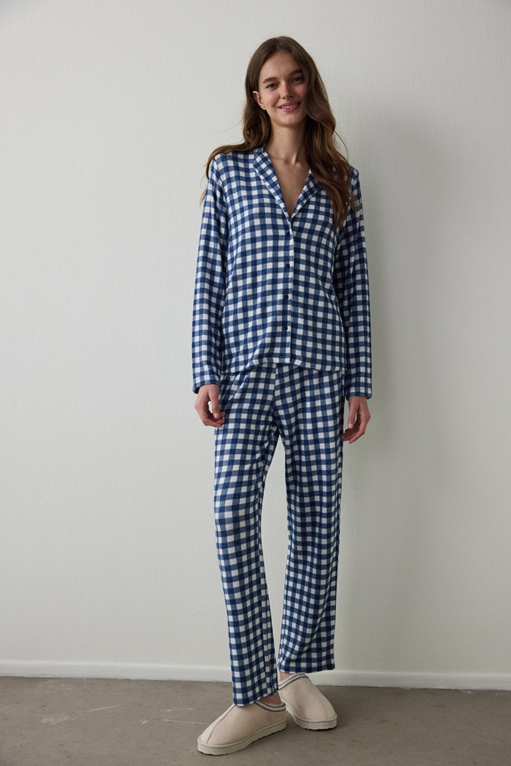 Navy Blue Plaid Shirt Collar Thermal Pajama Set