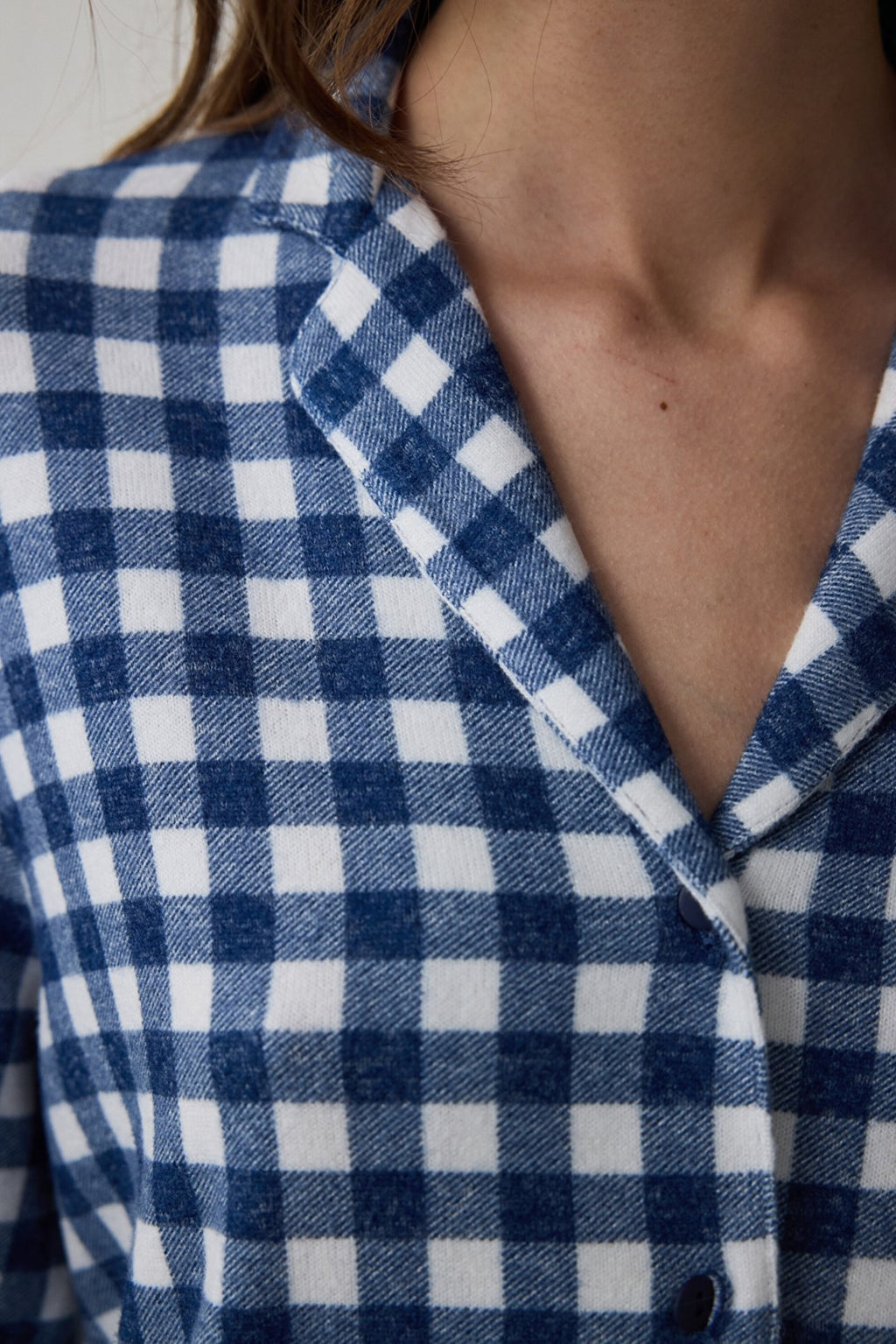 Navy Blue Plaid Shirt Collar Thermal Pajama Set