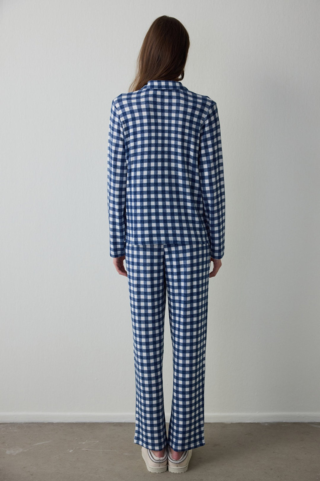 Navy Blue Plaid Shirt Collar Thermal Pajama Set