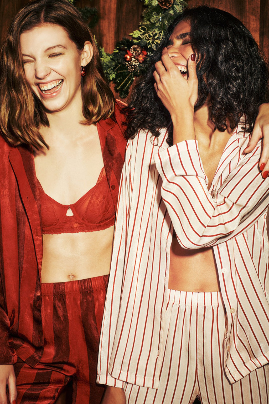 Rose Pink Striped Shirt Collar Satin Pajama Set