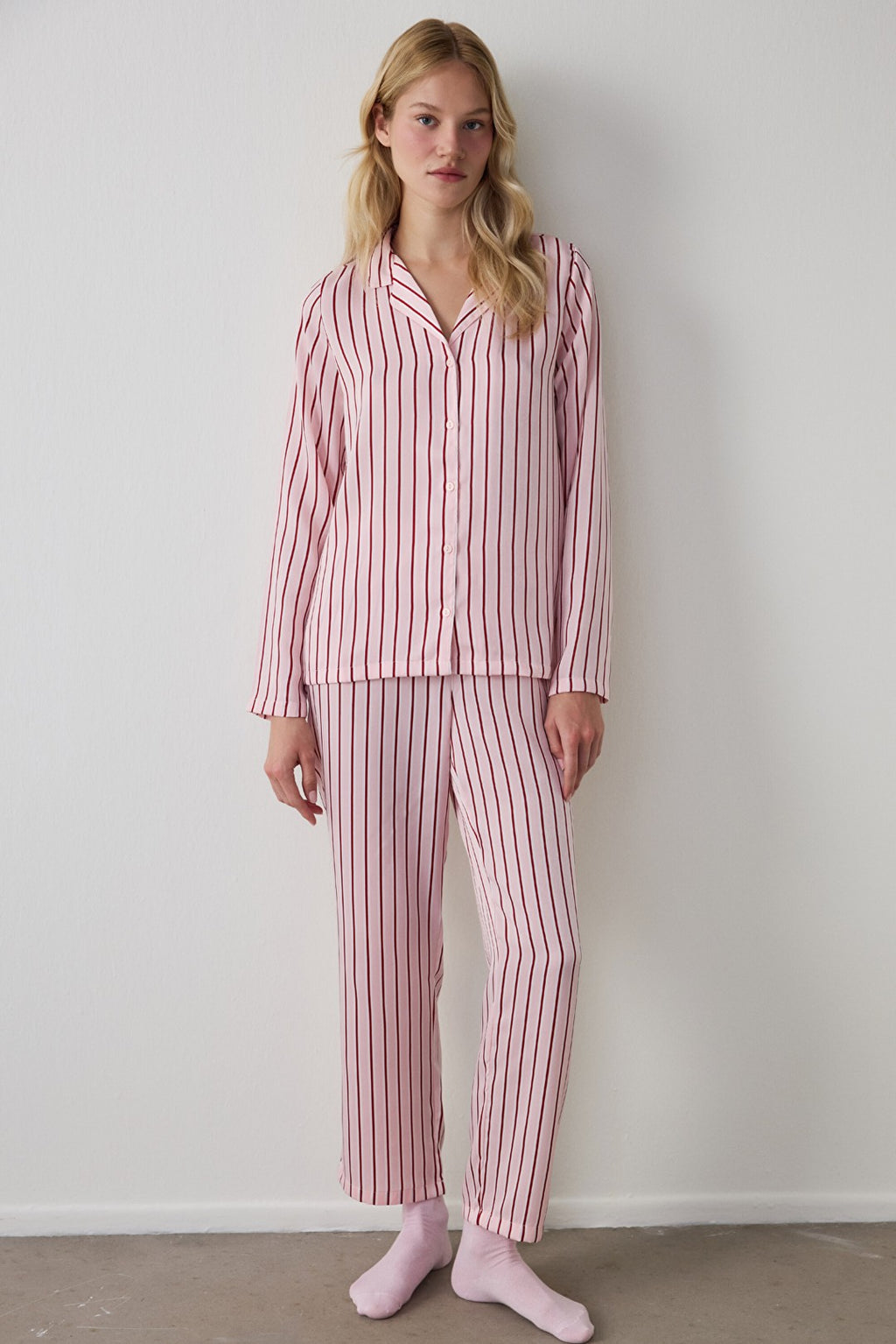 Rose Pink Striped Shirt Collar Satin Pajama Set