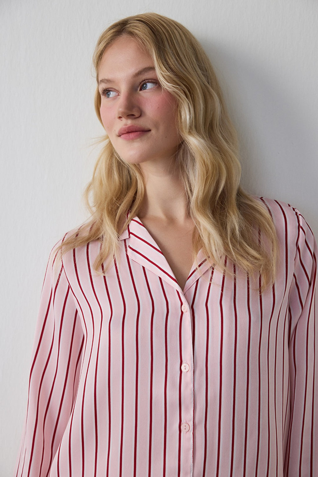 Rose Pink Striped Shirt Collar Satin Pajama Set