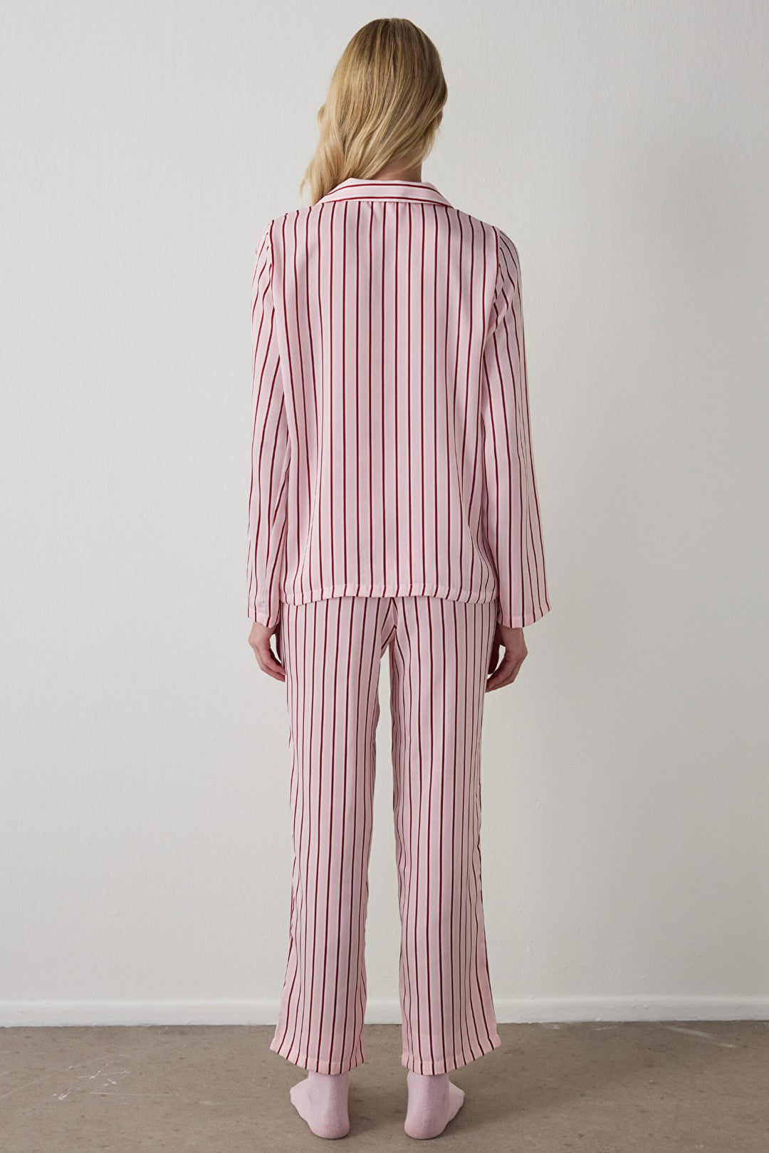 Rose Pink Striped Shirt Collar Satin Pajama Set