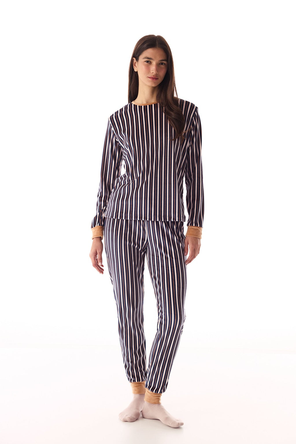 Navy Blue Crew Neck Colorful Striped Pajama Top
