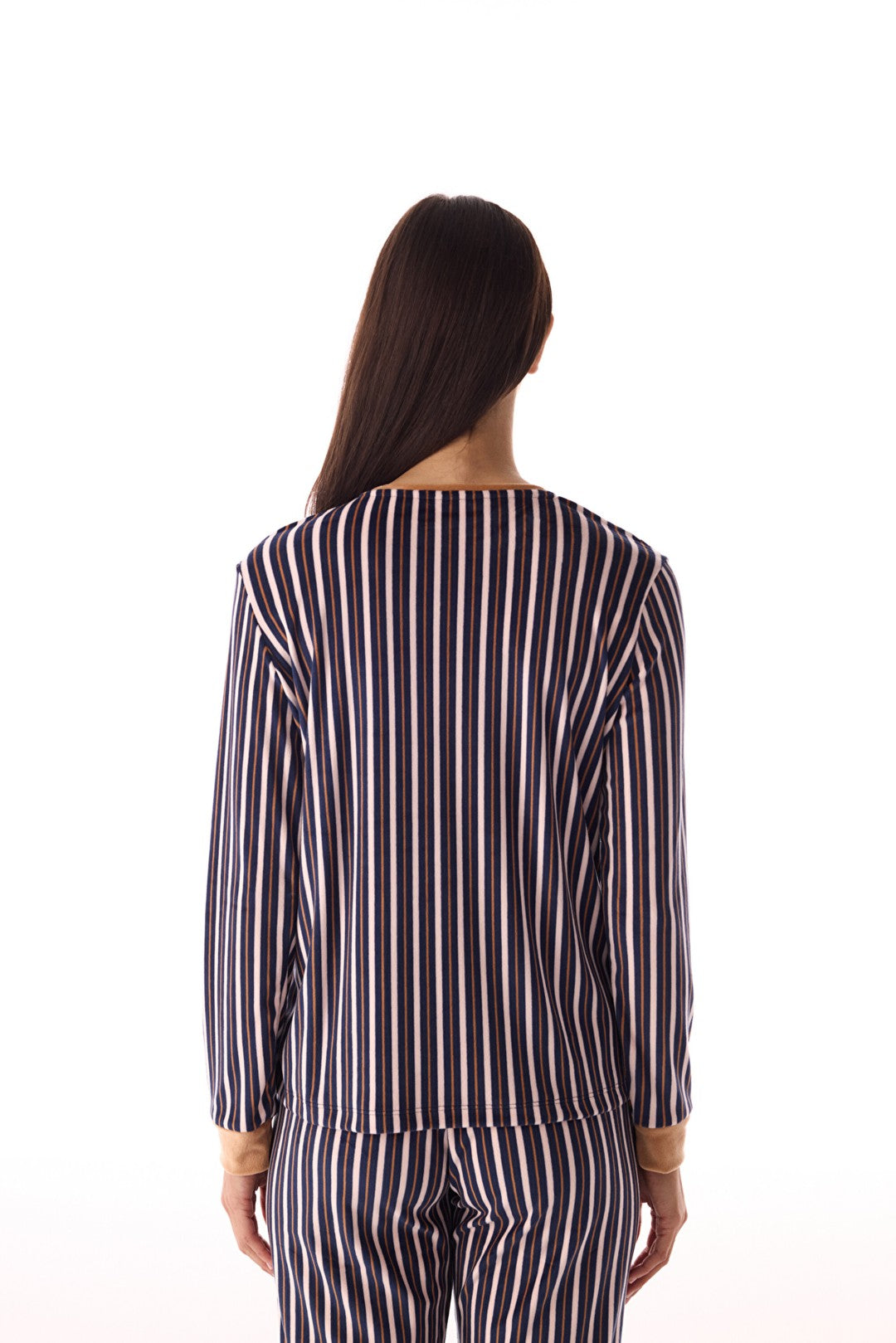 Navy Blue Crew Neck Colorful Striped Pajama Top