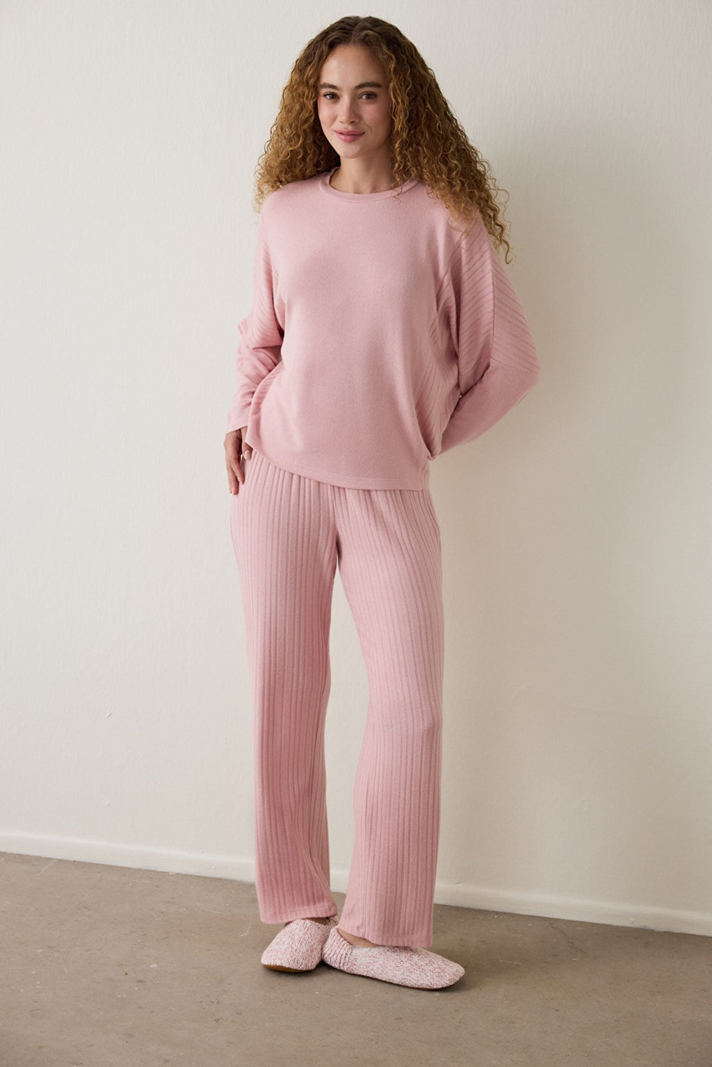 Pink Crew Neck Long Sleeve Pajama Set