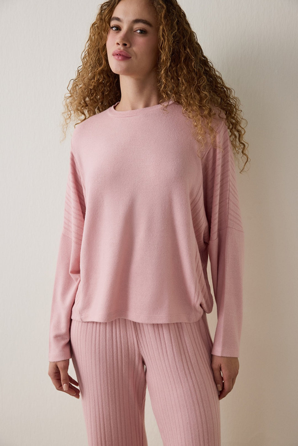 Pink Crew Neck Long Sleeve Pajama Set
