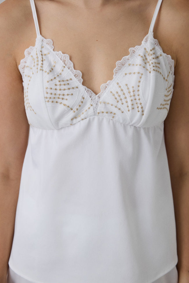 Off White Bridal Charming V-Neck Lace Satin Dowry Pajama Set Main Image