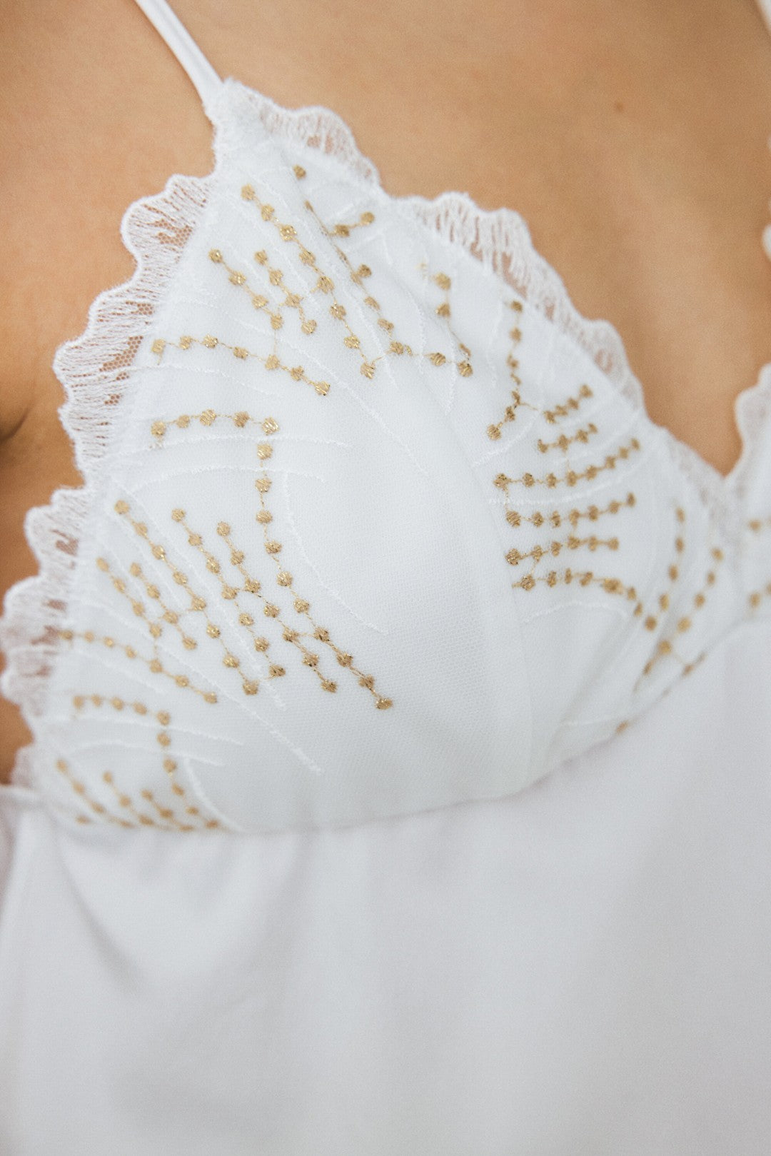 Off White Bridal Charming V-Neck Lace Satin Dowry Pajama Set