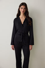 Black Emilia Tie Detailed Satin Shirt Collar Pajama Set