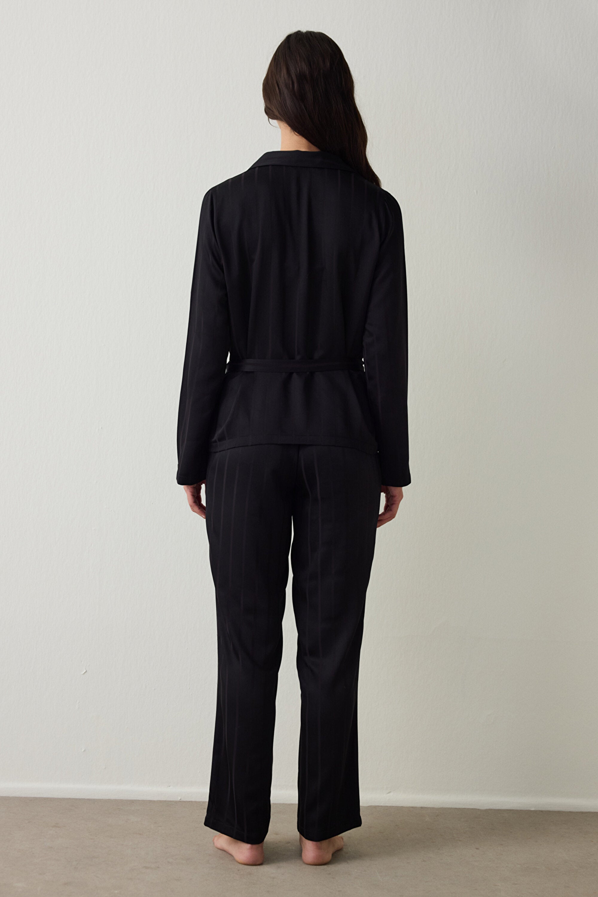 Black Emilia Tie Detailed Satin Shirt Collar Pajama Set