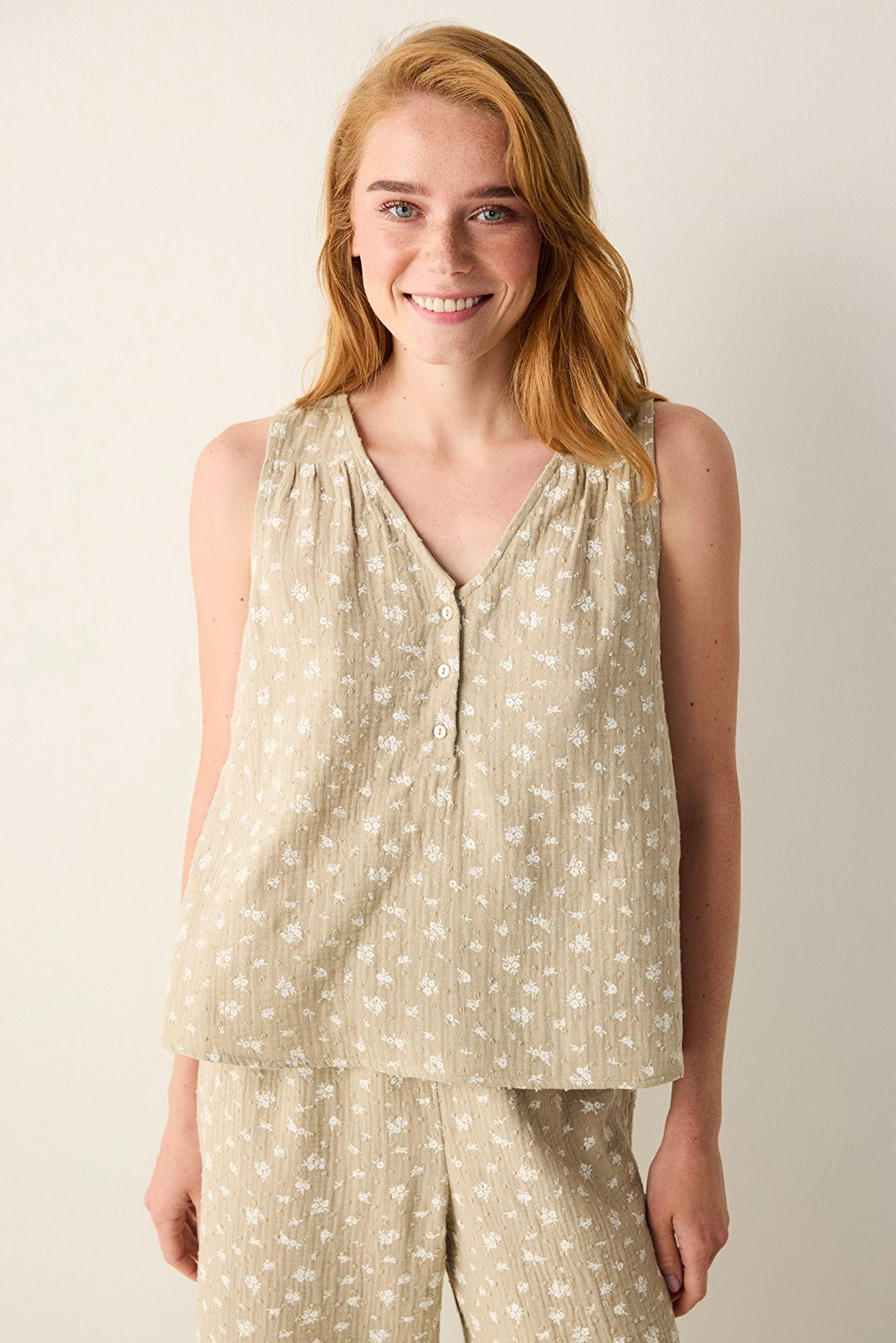 Floral Muslin Light Green Tank Top