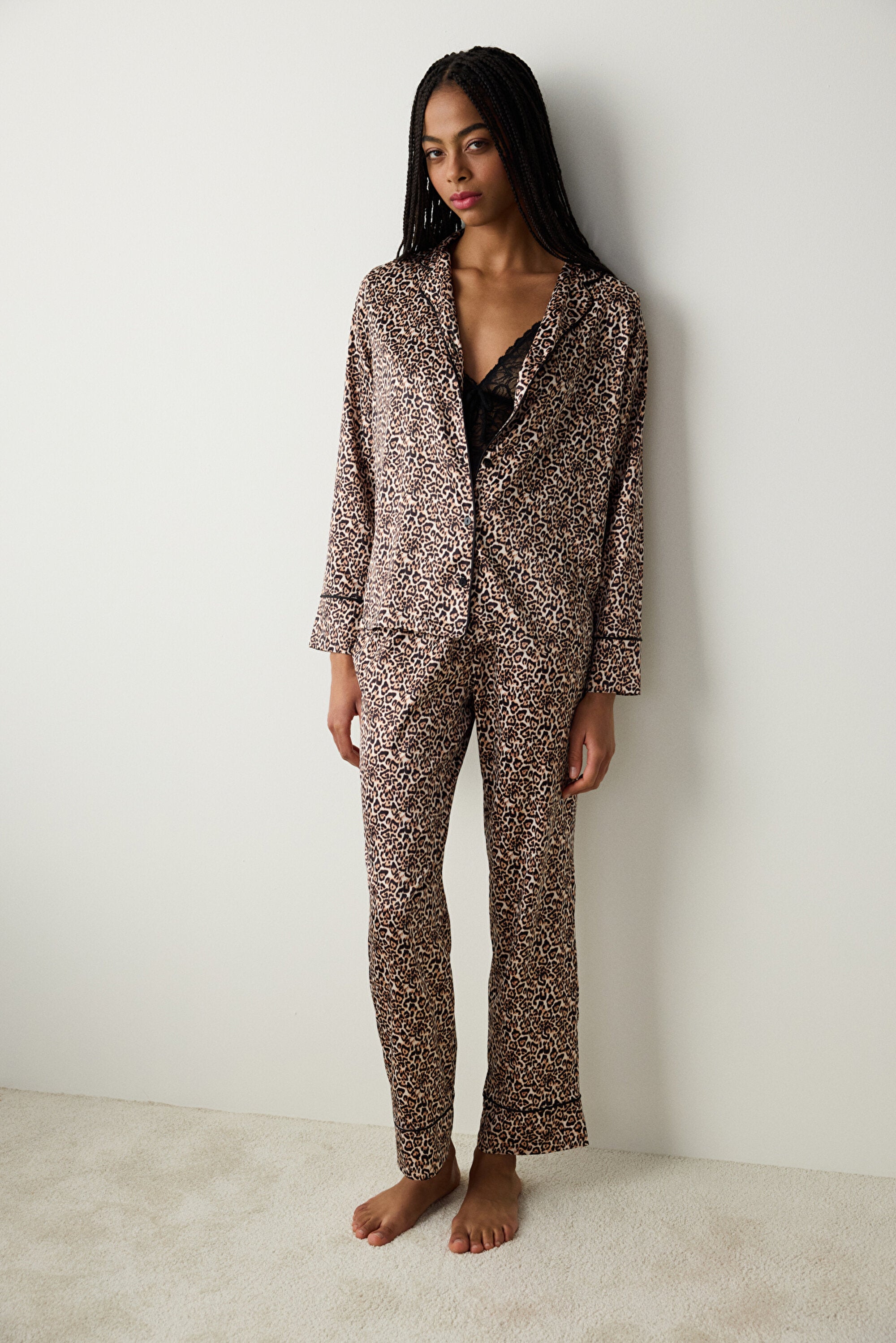 Leopard Satin Light Beige Shirt Pants Pajama Set