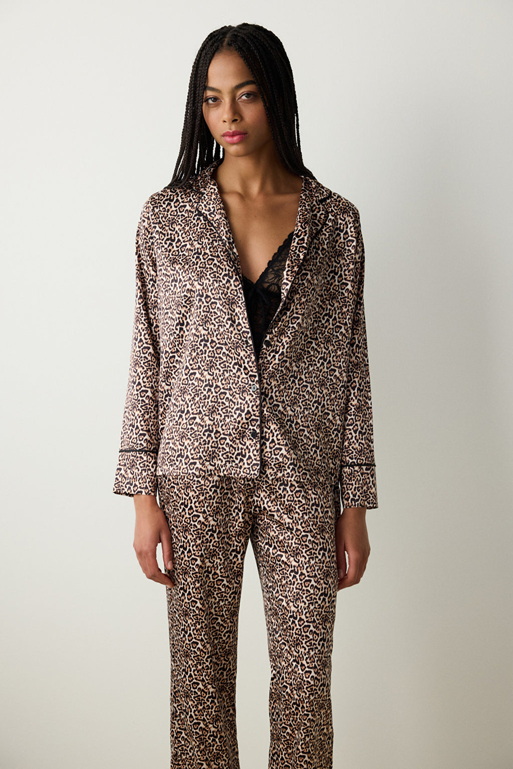 Leopard Satin Light Beige Shirt Pants Pajama Set