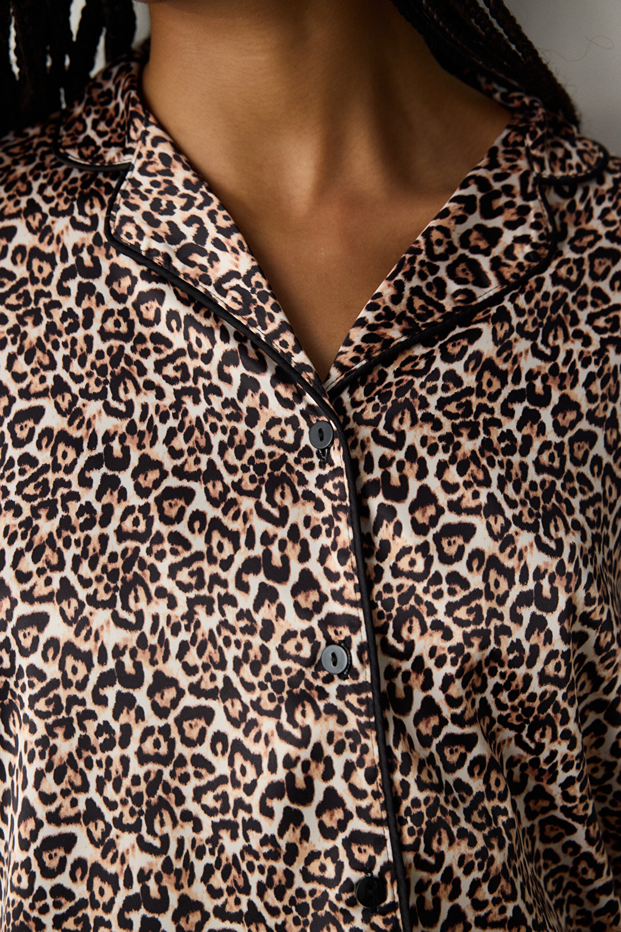 Leopard Satin Light Beige Shirt Pants Pajama Set