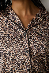 Leopard Satin Light Beige Shirt Pants Pajama Set