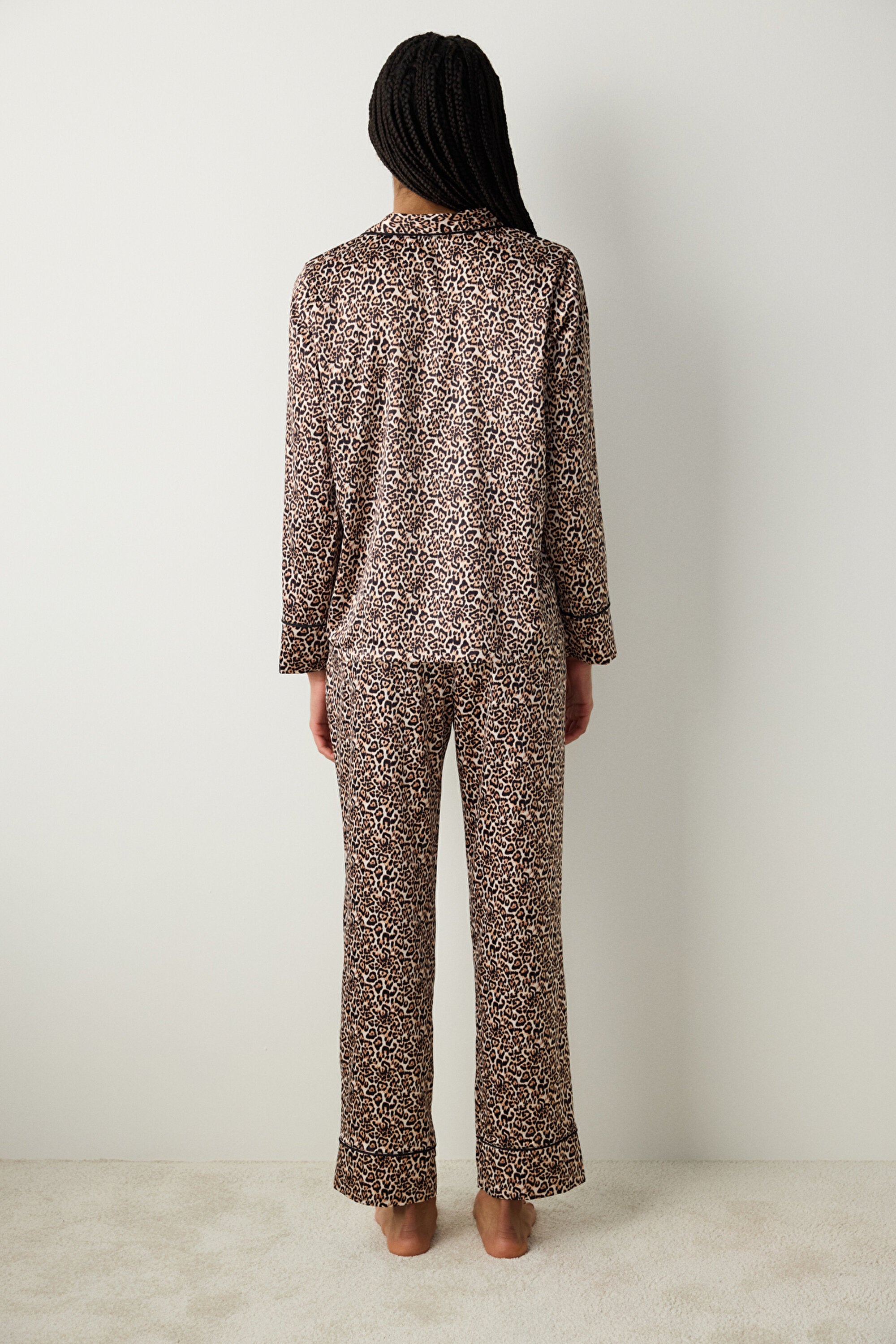 Leopard Satin Light Beige Shirt Pants Pajama Set