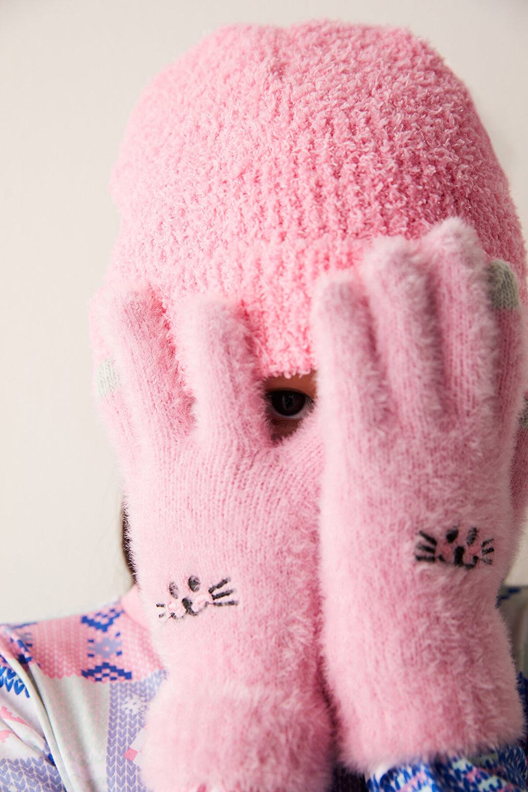 Girls Cat Patterned Pink Gloves