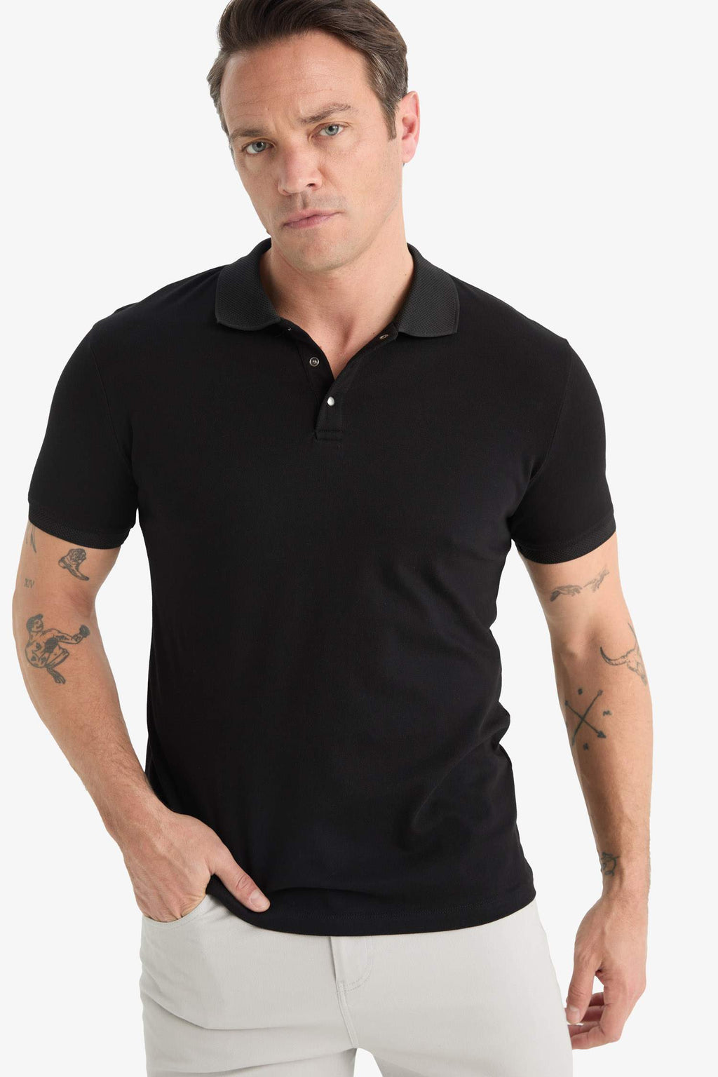 Slim Fit Slim Cut Polo Neck Short Sleeve Textured Basic Plain Black T-Shirt