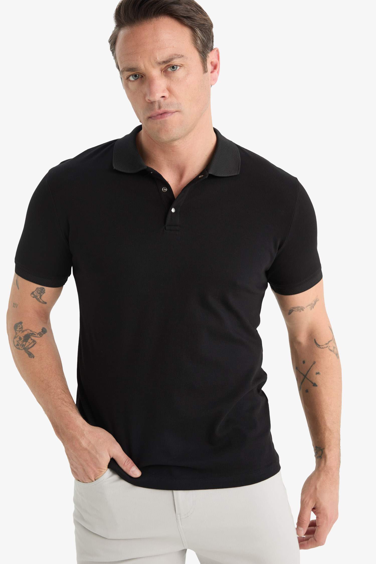 Slim Fit Slim Cut Polo Neck Short Sleeve Textured Basic Plain Black T-Shirt