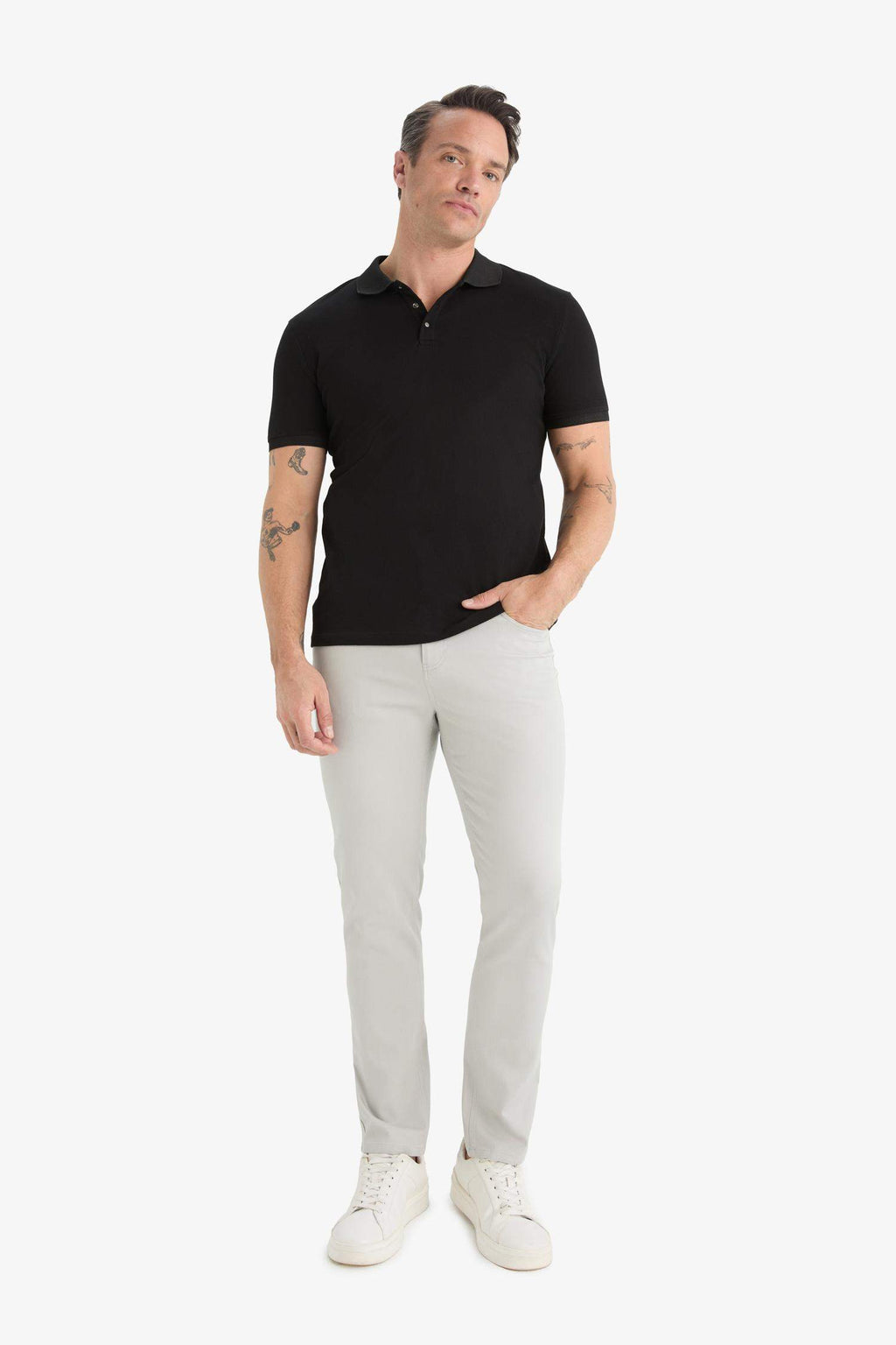 Slim Fit Slim Cut Polo Neck Short Sleeve Textured Basic Plain Black T-Shirt