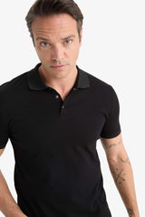 Slim Fit Slim Cut Polo Neck Short Sleeve Textured Basic Plain Black T-Shirt