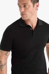 Slim Fit Slim Cut Polo Neck Short Sleeve Textured Basic Plain Black T-Shirt