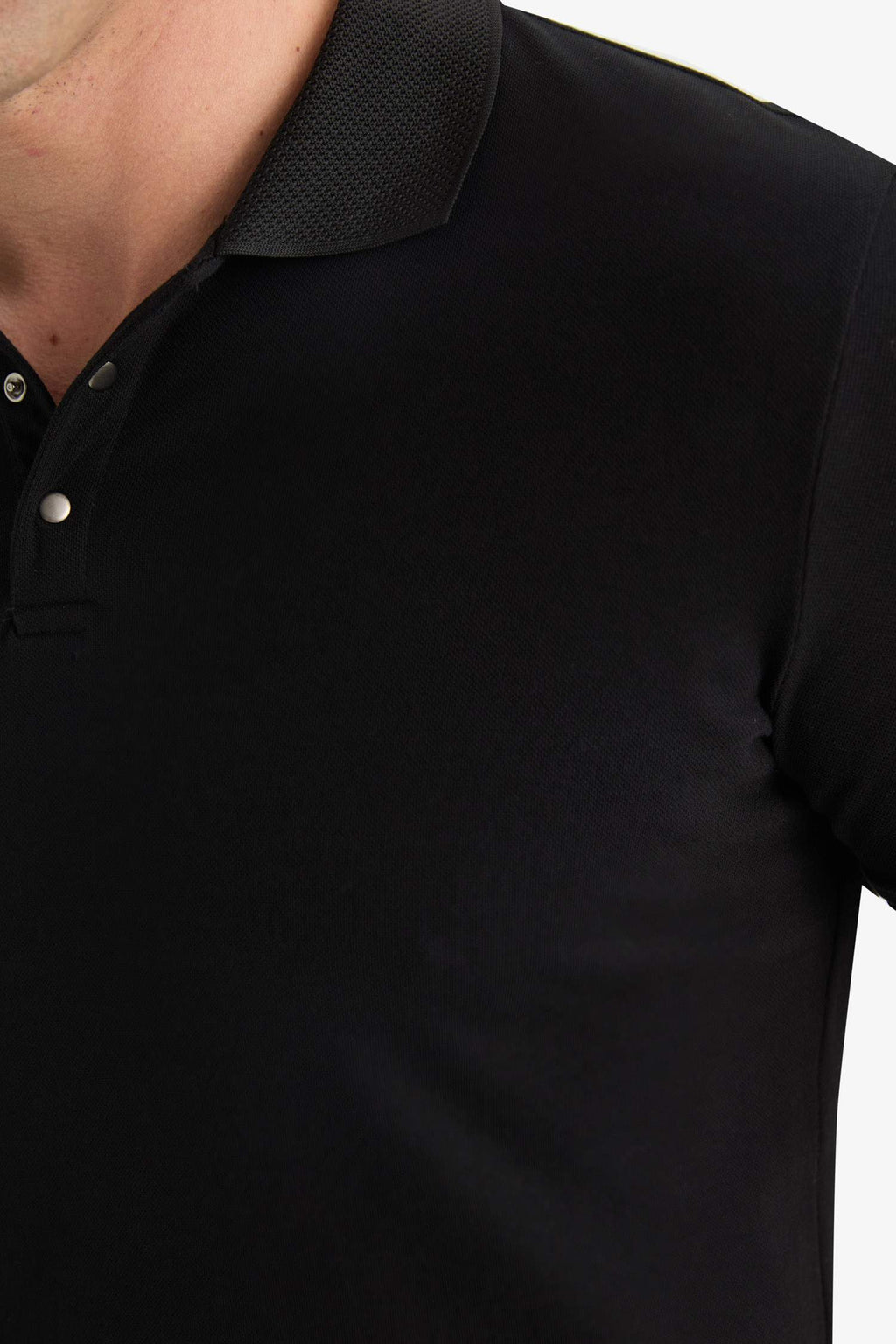Slim Fit Slim Cut Polo Neck Short Sleeve Textured Basic Plain Black T-Shirt