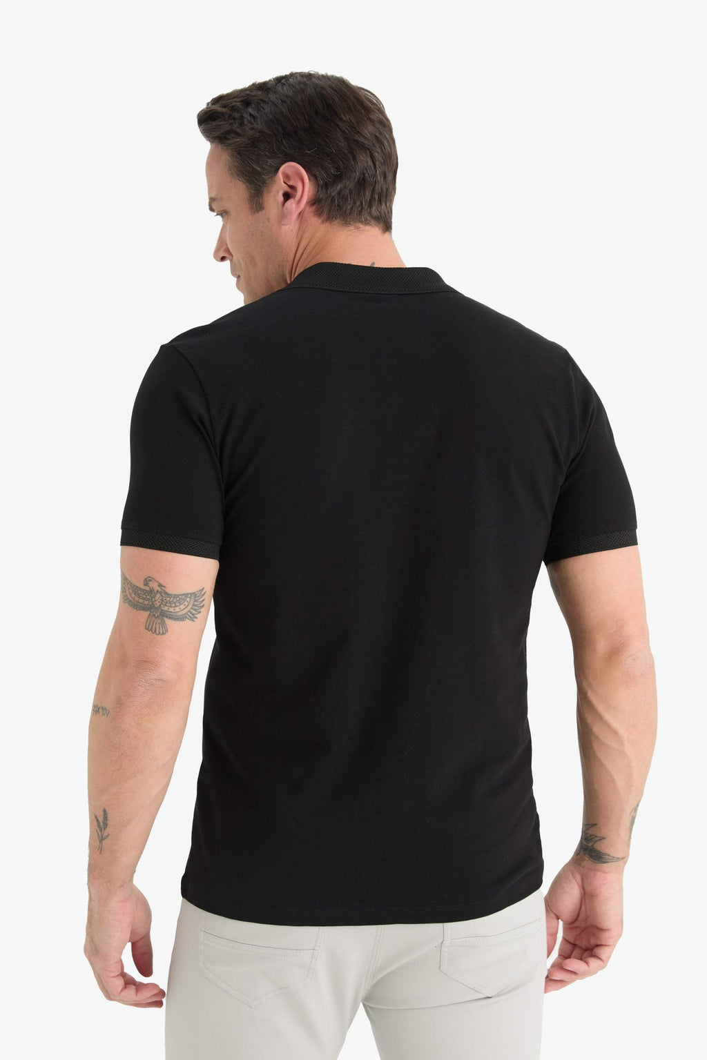 Slim Fit Slim Cut Polo Neck Short Sleeve Textured Basic Plain Black T-Shirt