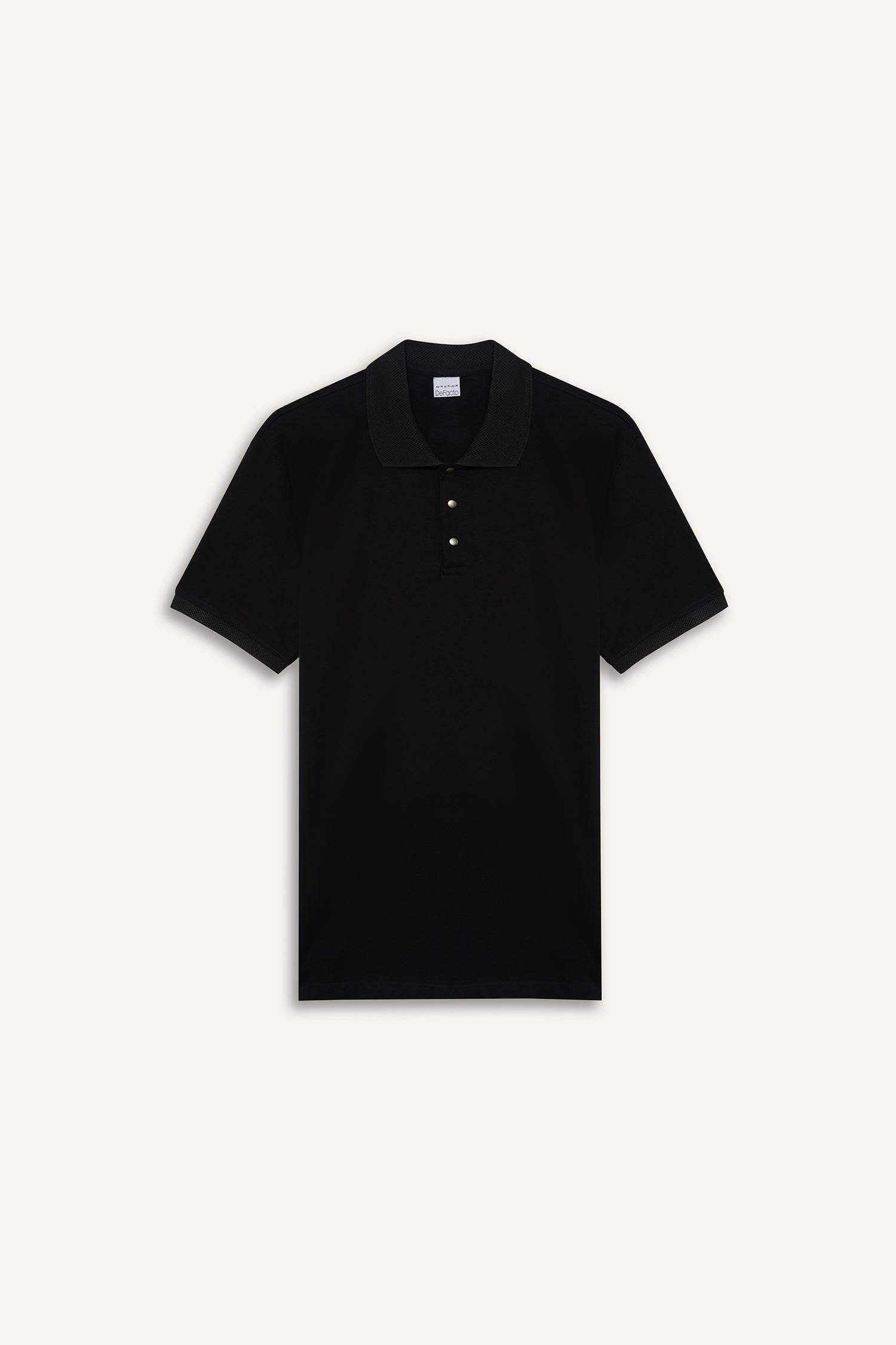 Slim Fit Slim Cut Polo Neck Short Sleeve Textured Basic Plain Black T-Shirt