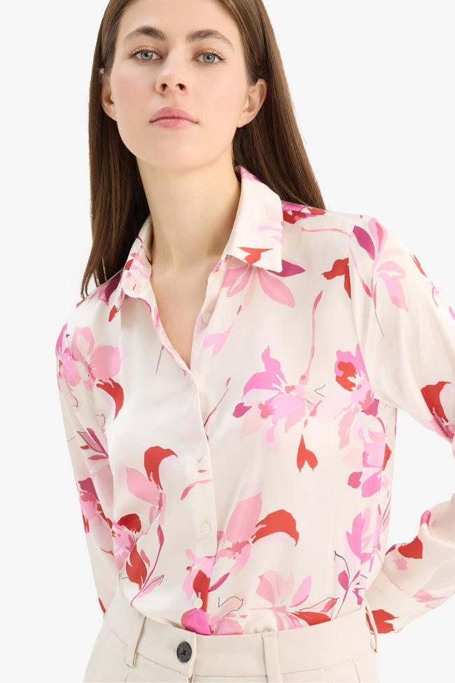 Oversize Fit Shirt Collar Satin Printed Long Sleeve Shirt Hover Image