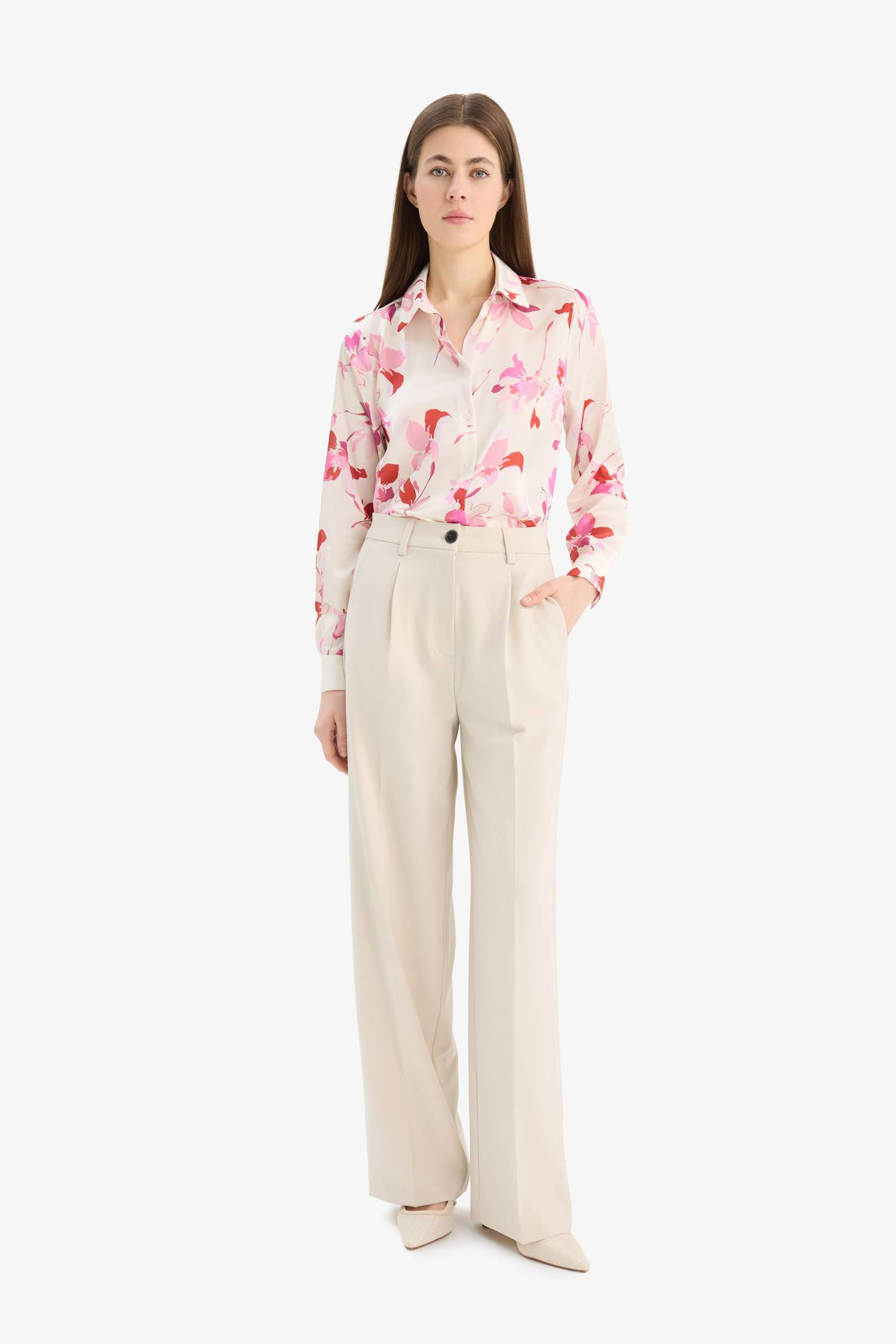 Oversize Fit Shirt Collar Satin Printed Long Sleeve Shirt