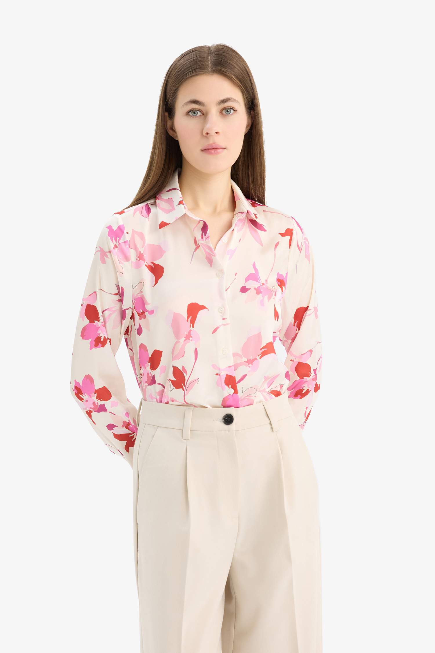 Oversize Fit Shirt Collar Satin Printed Long Sleeve Shirt