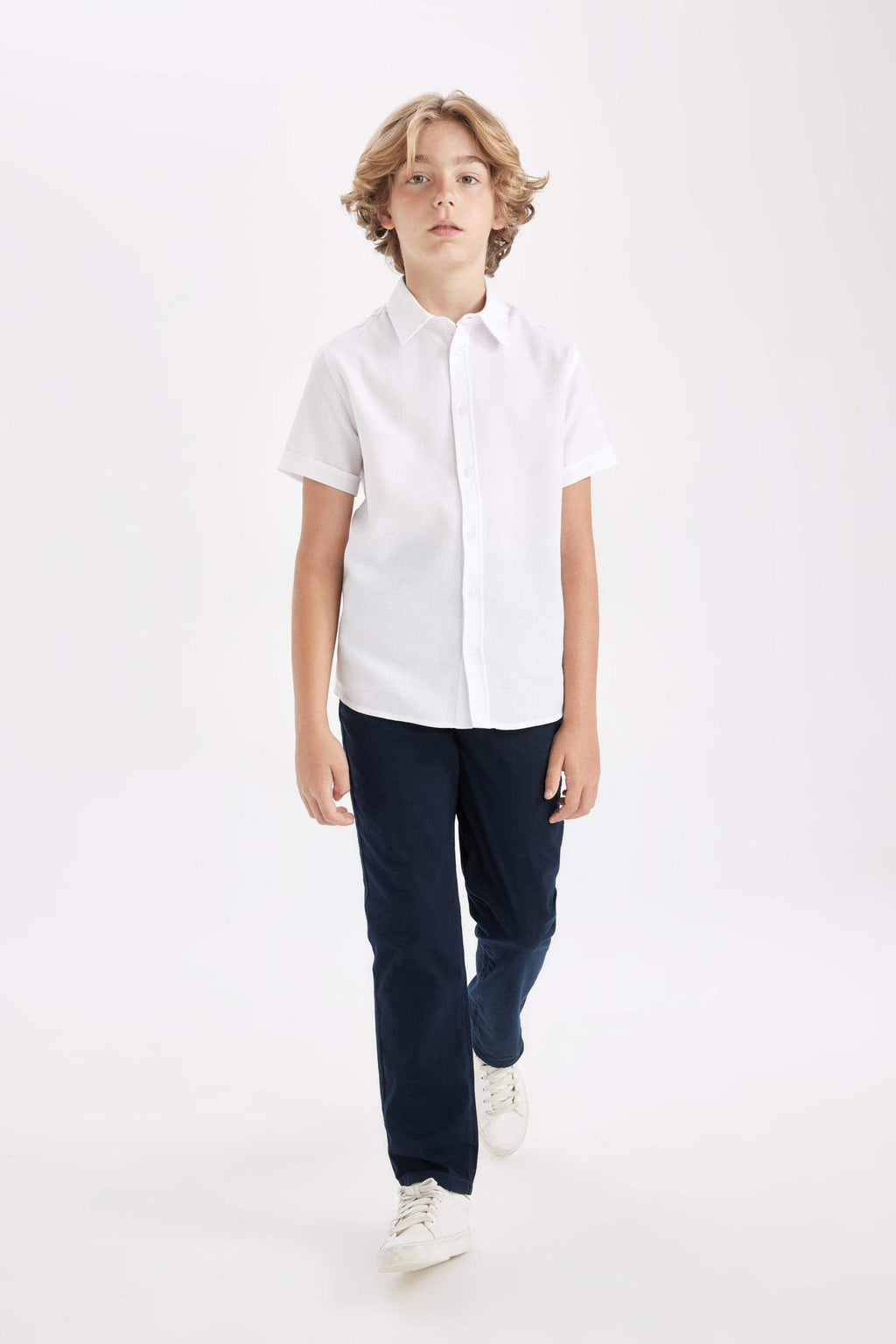 Boys Straight Leg Elastic Waist Pocket Navy Blue Basic Plain Gabardine School Trousers