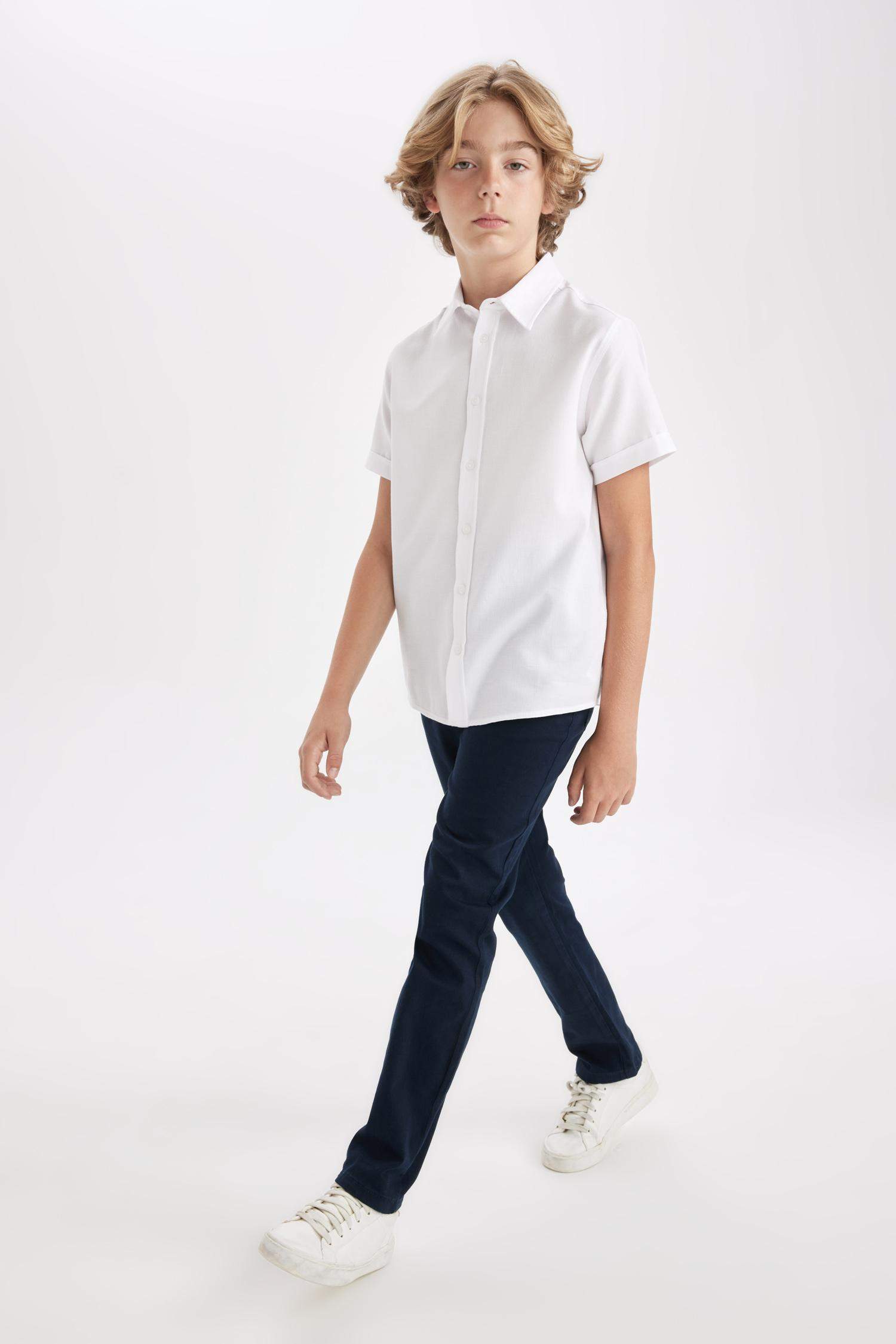 Boys Straight Leg Elastic Waist Pocket Navy Blue Basic Plain Gabardine School Trousers