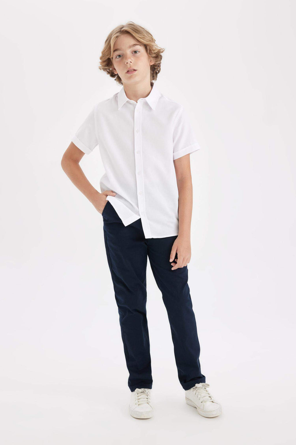 Boys Straight Leg Elastic Waist Pocket Navy Blue Basic Plain Gabardine School Trousers