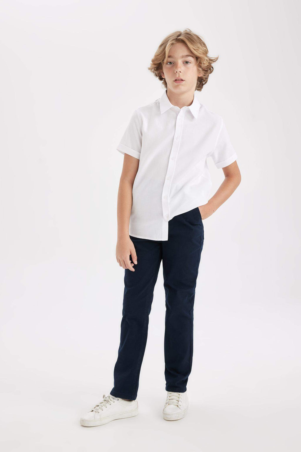 Boys Straight Leg Elastic Waist Pocket Navy Blue Basic Plain Gabardine School Trousers