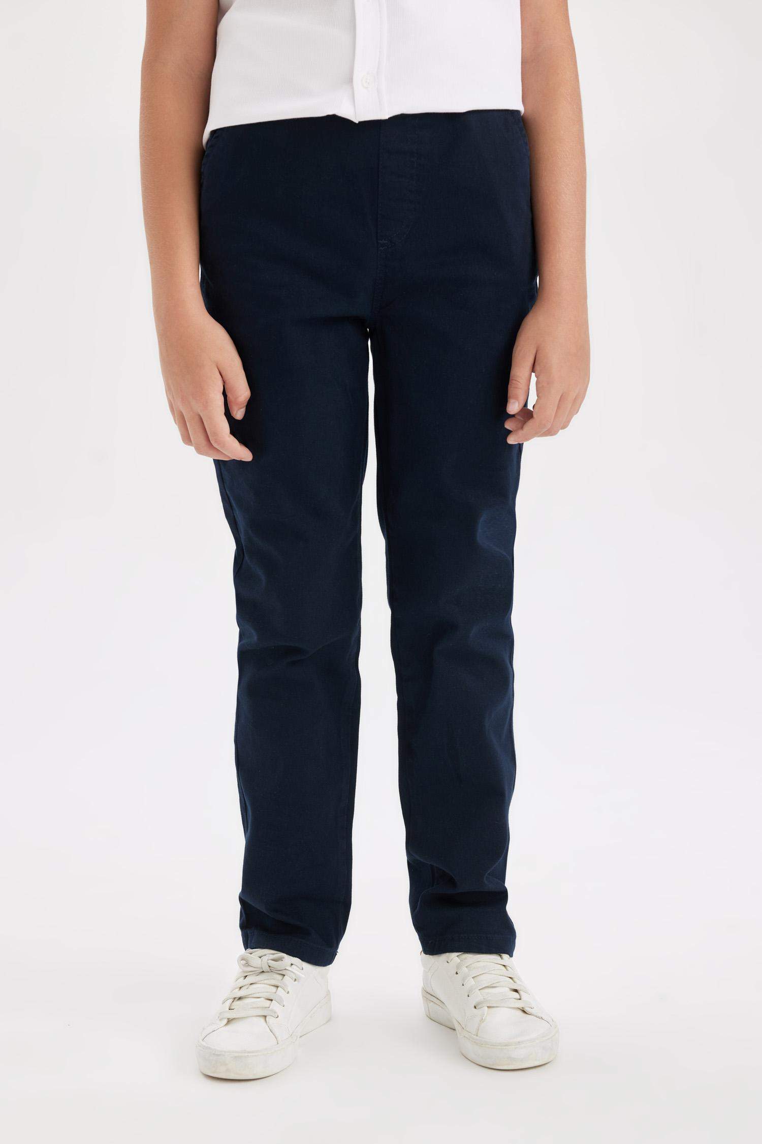Boys Straight Leg Elastic Waist Pocket Navy Blue Basic Plain Gabardine School Trousers
