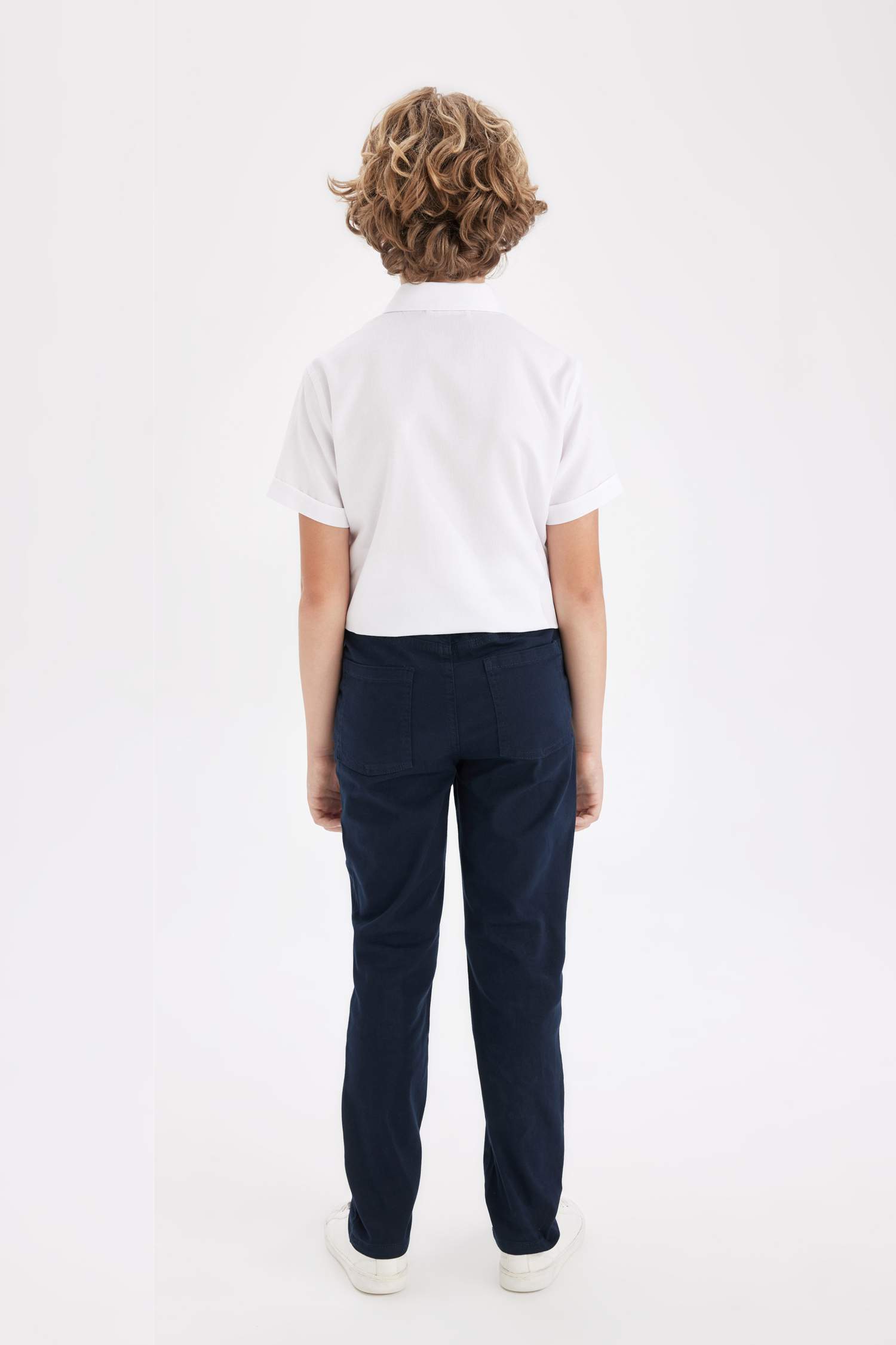 Boys Straight Leg Elastic Waist Pocket Navy Blue Basic Plain Gabardine School Trousers