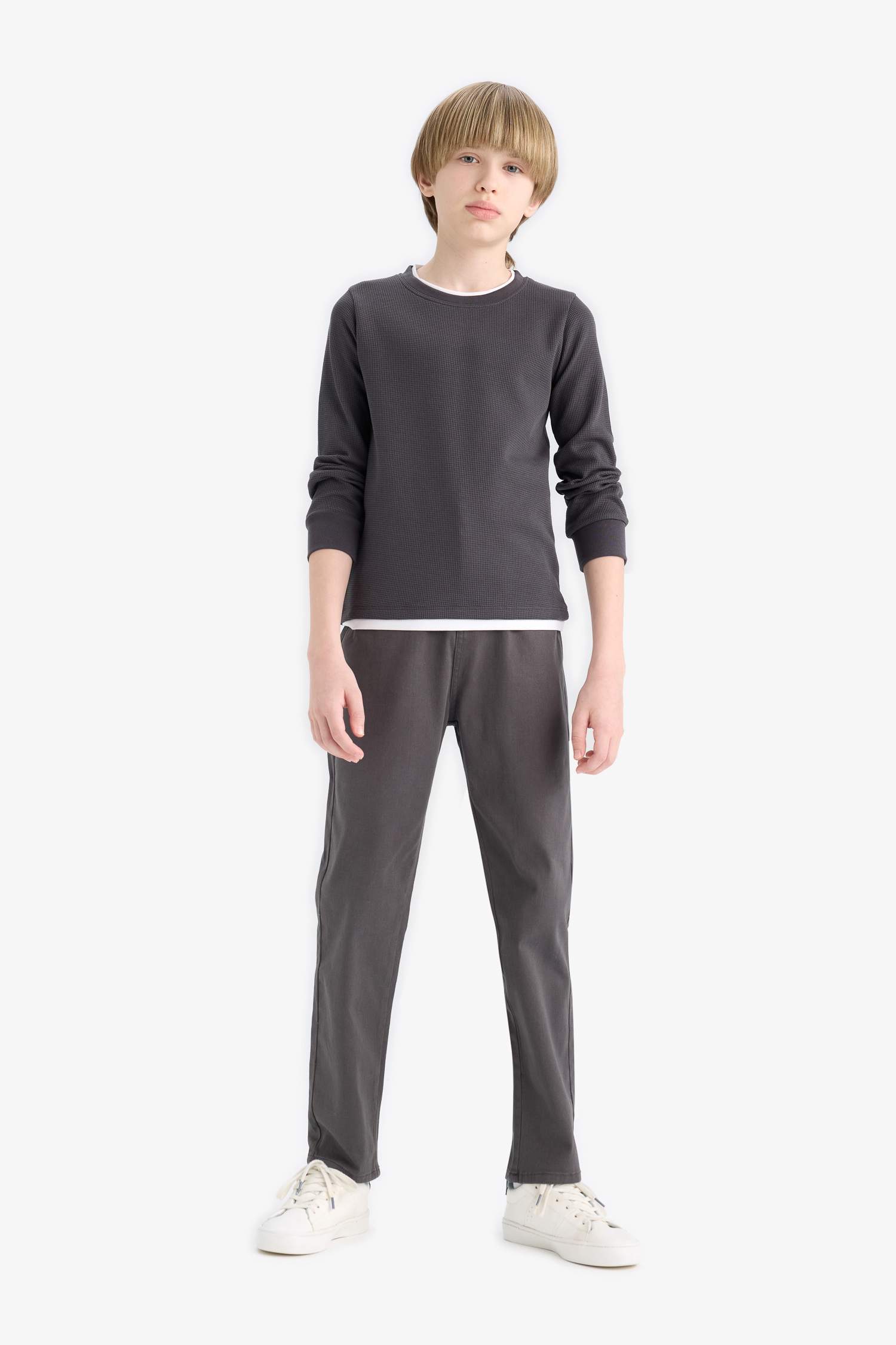 Boys' Crew Neck Basic Plain Waffle Long Sleeve School T-Shirt