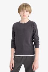 Boys' Crew Neck Basic Plain Waffle Long Sleeve School T-Shirt