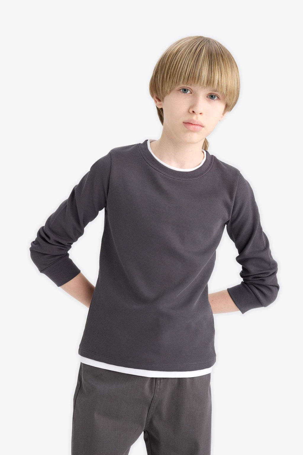 Boys' Crew Neck Basic Plain Waffle Long Sleeve School T-Shirt