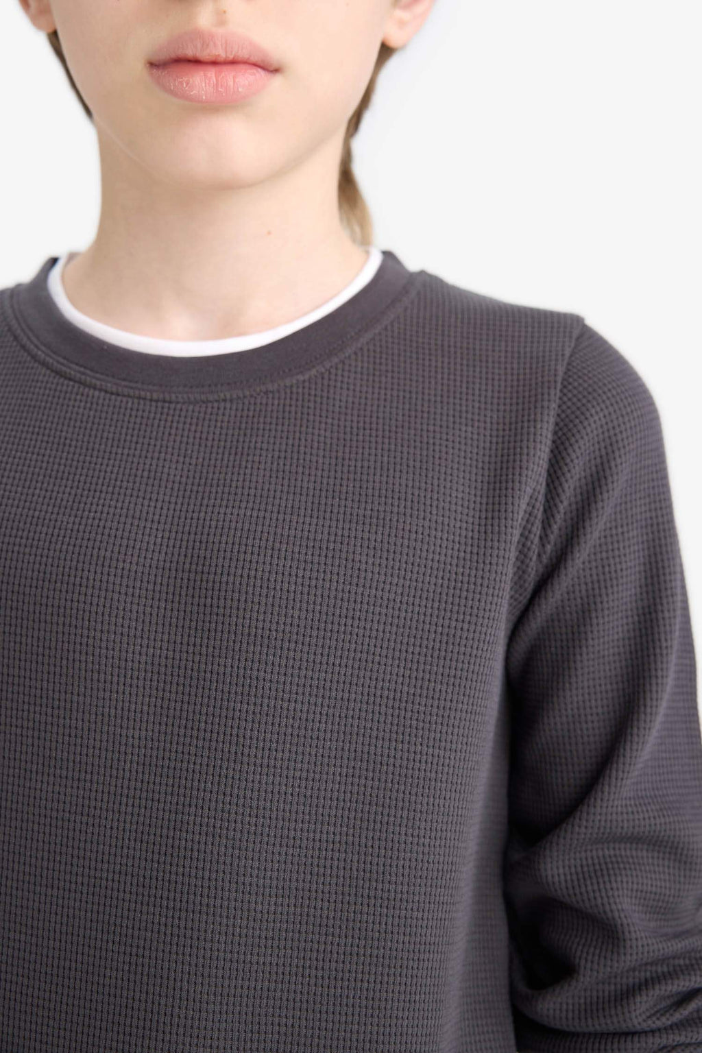 Boys' Crew Neck Basic Plain Waffle Long Sleeve School T-Shirt