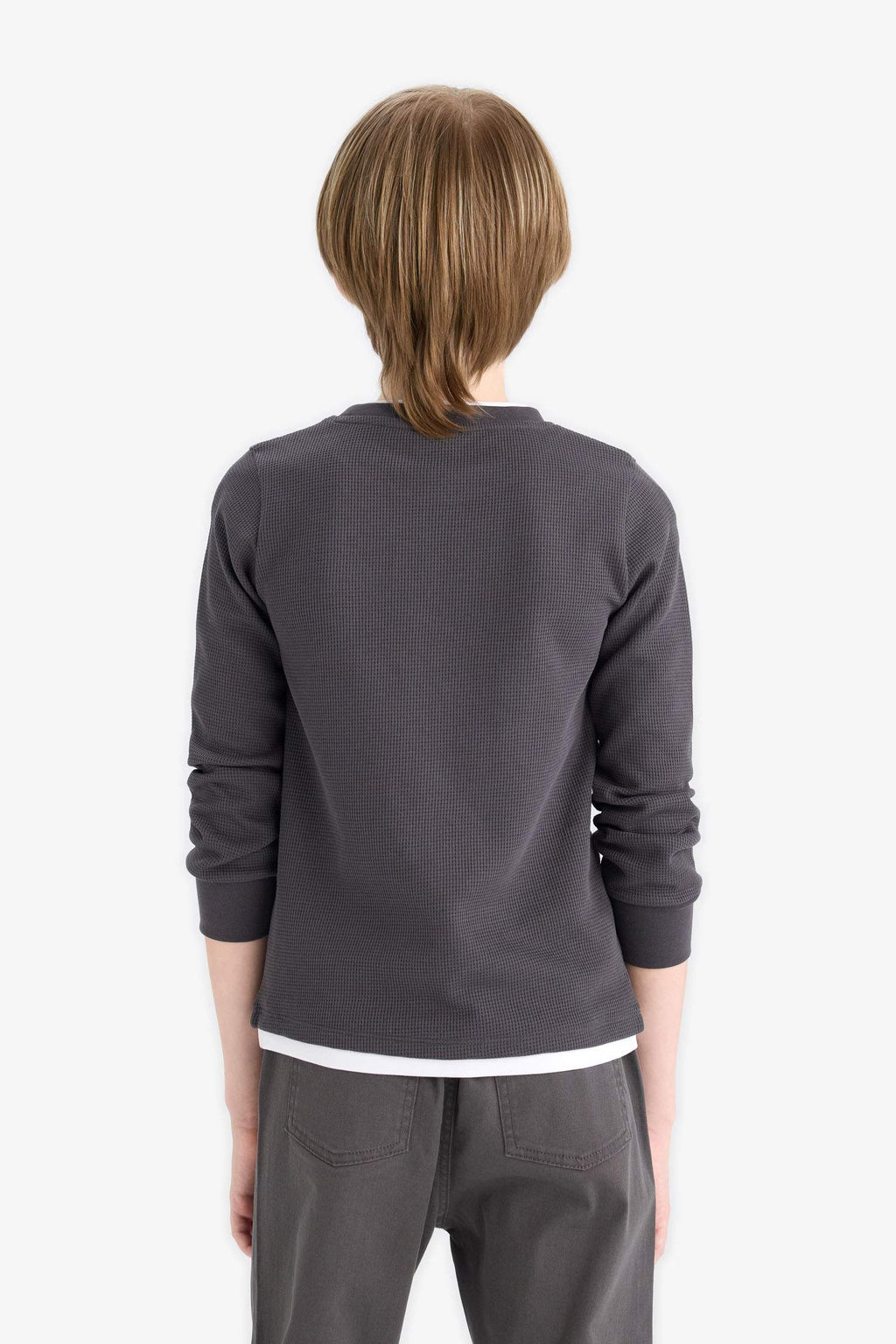 Boys' Crew Neck Basic Plain Waffle Long Sleeve School T-Shirt