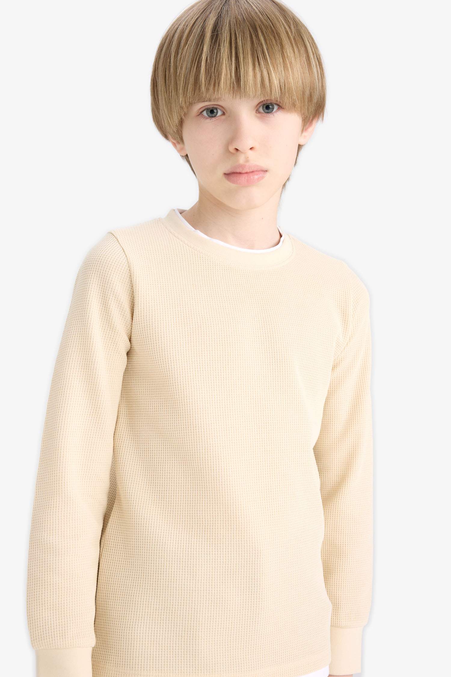 Boys' Crew Neck Basic Plain Waffle Long Sleeve School T-Shirt