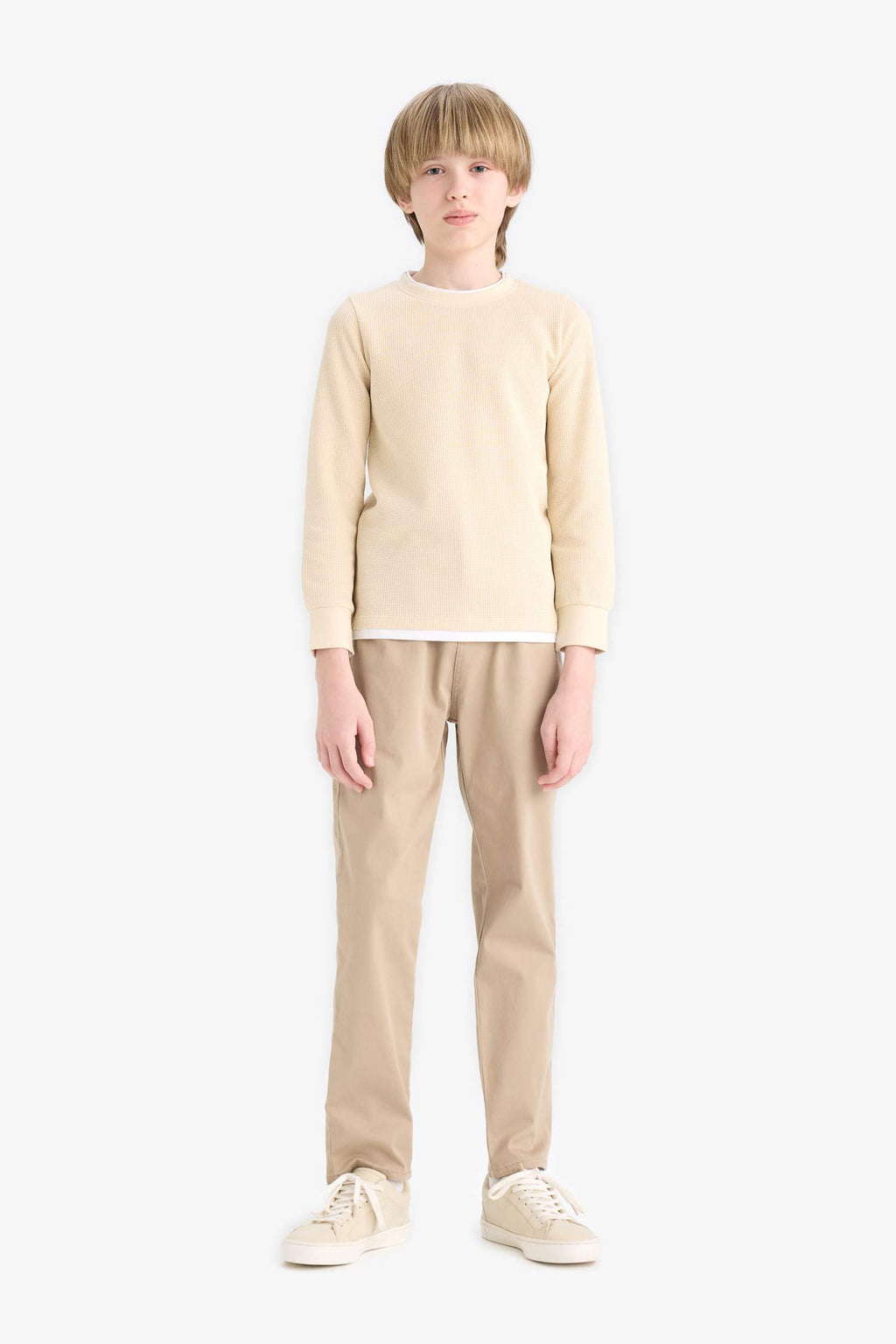 Boys' Crew Neck Basic Plain Waffle Long Sleeve School T-Shirt