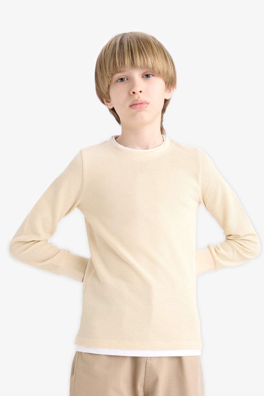 Boys' Crew Neck Basic Plain Waffle Long Sleeve School T-Shirt