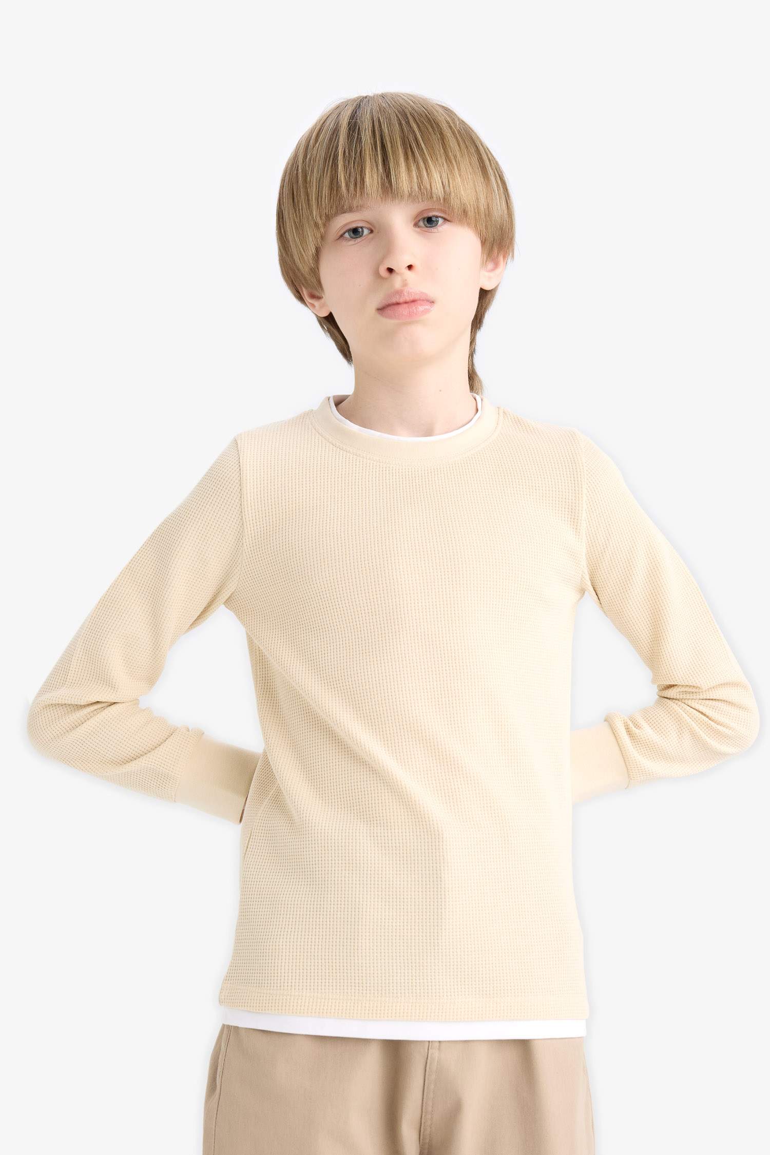Boys' Crew Neck Basic Plain Waffle Long Sleeve School T-Shirt